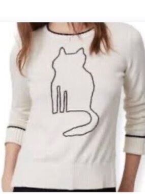 LOFT Cream Knit Embroidered Cat Cotton Blend Crew Neck Sweater SZ S